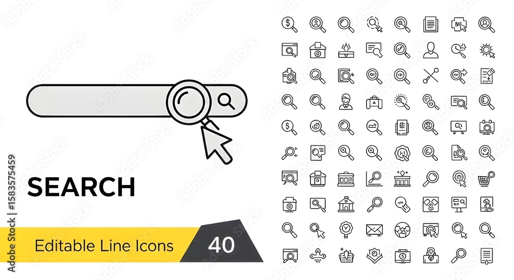 Poster search bar with magnifying glass and cursor | editable line icons vector set for website, user inter