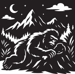 Bigfoot Yeti Black & white silhouette who is sleeping on the top of the mountain