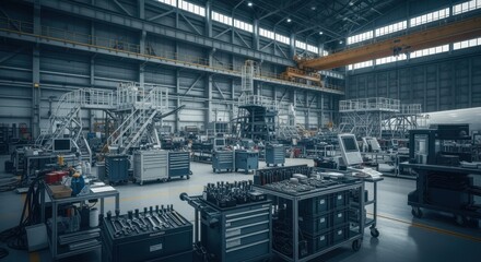 Fototapeta premium Industrial hangar interior filled with tools and equipment for aircraft maintenance.