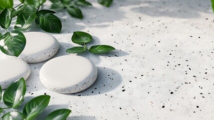 White stones and greenery on a light surface