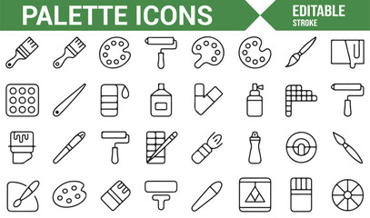 Clean Line Art Palette Icons Featuring Brushes, Rollers, and Art Supplies