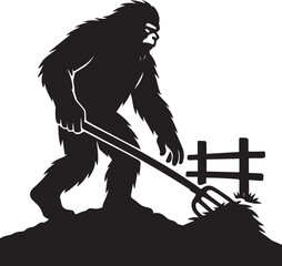 Bigfoot Yeti Black & white silhouette who is working on a farm