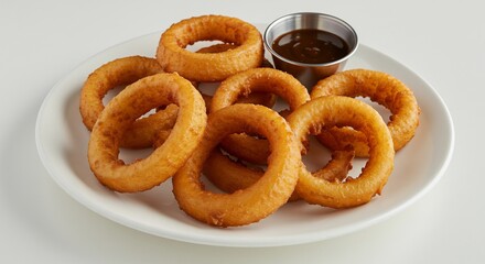 Naklejka premium 黄金色に輝く揚げたて玉ねぎリング 食欲をそそるディップ付き. AI Generated