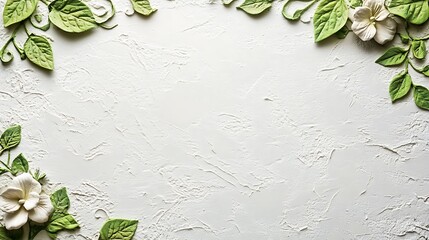 White textured background framed by flowers and leaves