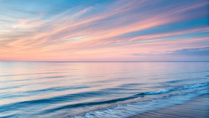 Obraz premium Peaceful Beach Horizon with Soft Pink and Blue Sky, Gentle Waves, Serene Sunset Ocean Scene, Pastel Seaside Landscape