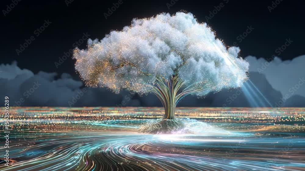 Poster a glowing tree emerges from a luminous base while vibrant lights swirl around it in a nighttime envi