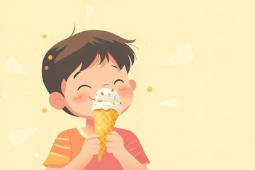 Comic depiction of boy savoring ice cream over pale yellow setting depicting images of youth and idyllic summery air hue delish, Generative AI.
