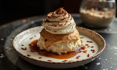 A Shot of a "Dalgona" or Whipped Coffee, with a Look of Trendy Aesthetics, Showing the Distinct, Fluffy Coffee Layer on Top of the Milk