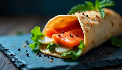 Salmon & Cheese Wrap on Blue Slate – 4K

Gourmet Wrap with Pepper – Moody Light

4K Salmon Wrap – Dark Food Styling

Cheese and Salmon Wrap – Slate Surface

Elegant Wrap on Blue Slate – Low Light

