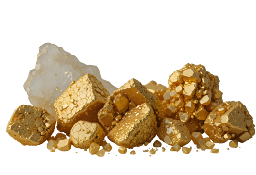 Pyrite gold Quartz Mineral Specimens on White Background