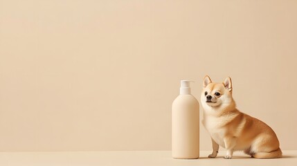 Over pale beige setting dog and dog shampoo stand erect depicting notions of pet washing and animal sanitary care lovely hue, Generative AI.