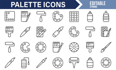 Art and Design Palette Icons Featuring Brushes, Rollers, and Color Tools