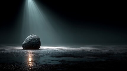 A single textured rock sits illuminated by a dramatic spotlight on a dark wet reflective surface