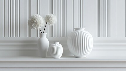 White vases and pom-poms on a white shelf