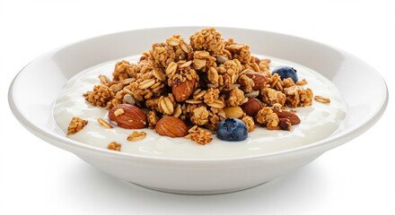 香ばしいグラノーラとヨーグルトの朝食 白い器に盛られた爽やかで健康的な一品. AI Generated