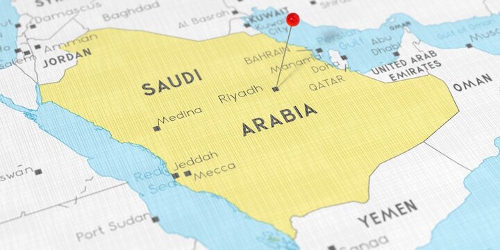 Saudi Arabia, Riyadh - push pin on political map - 3D illustration