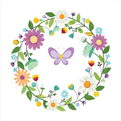 Colorful floral wreath with a butterfly in the center, creating a cheerful spring or summer design