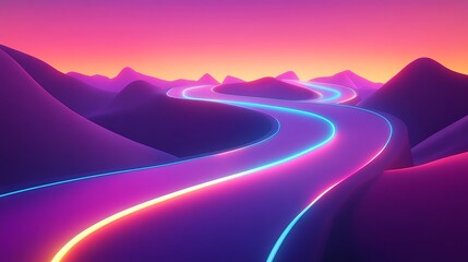 Winding neon road through stylized mountains at sunset