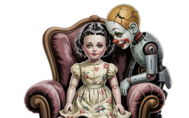 Porcelain Doll and Damaged Clown Robot in Antique Chair. PNG,