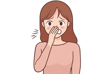 A comic visual of dire illness and oral health over stark white setting depict lady exhaling on palm to see poor breath lovely hue, Generative AI.