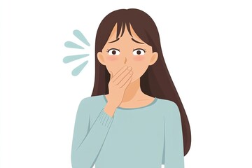 A comic visual of dire illness and oral health over stark white setting depict lady exhaling on palm to see poor breath lovely hue, Generative AI.