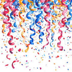 Fototapeta premium Watercolor Confetti and Streamers PNG Set – Festive Party Decorations with Ribbons, Serpentines, and Poppers