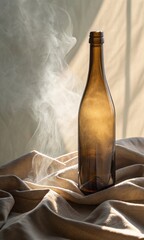 Amber glass bottle with particles in sunlight creating a magical ethereal atmosphere against a...