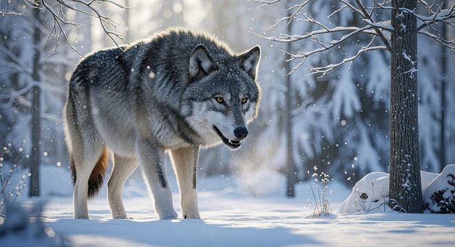 A wolf walks through a snowy forest in winter