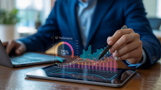 A professional business analytics visualization interface displayed on a tablet device.