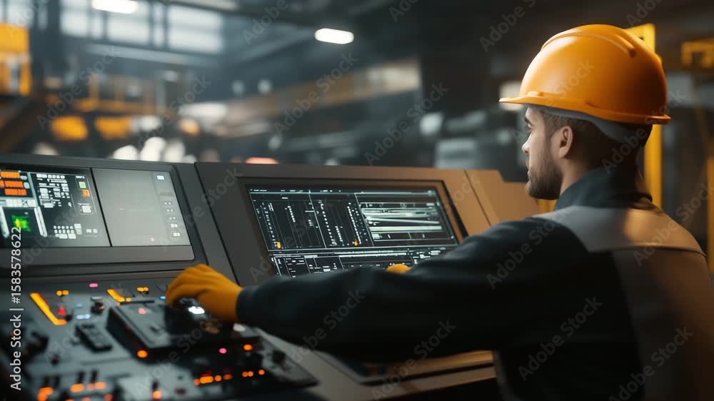 Poster an operator monitors and adjusts complex machinery controls inside a manufacturing facility during a