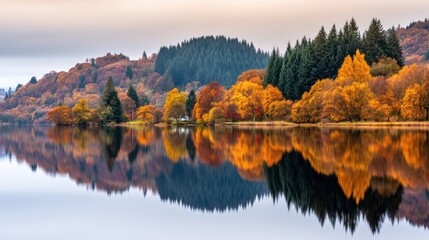 Fototapeta premium Serene Autumn Landscape with Reflections on a Calm Lake Surrounded by Vibrant Foliage