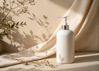 Elegant White Dispenser Bottle with Natural Sunlight and Dried Plant Accents Creating a Serene and...