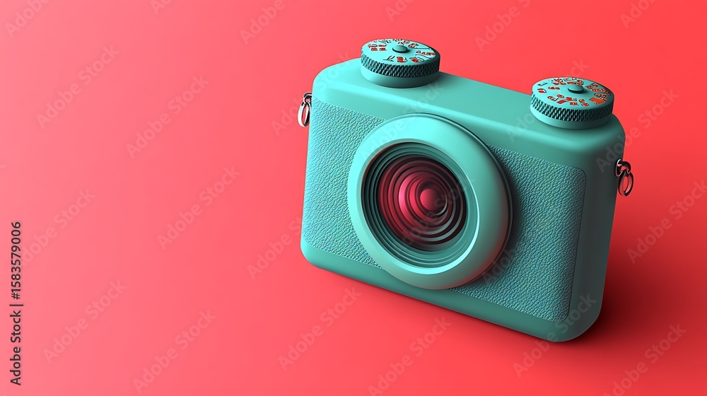 Poster realistic vector of a glossy teal camera icon placed on a matte red background