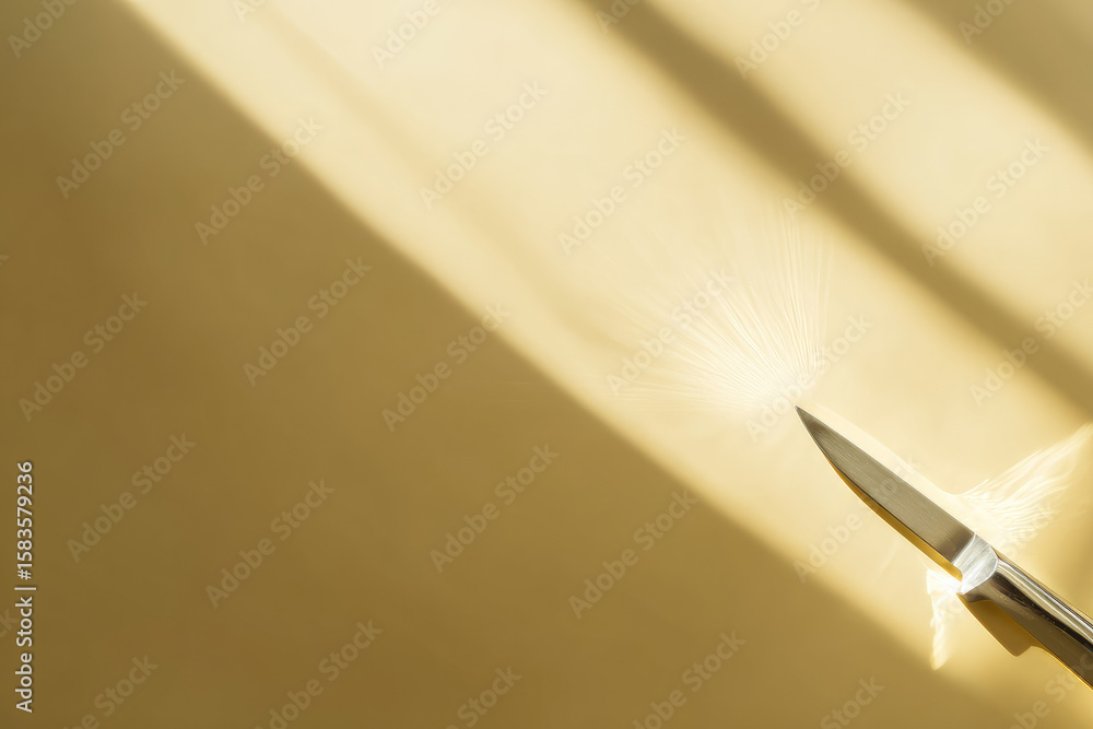 Poster knife edge reflecting light beam on monochrome background, abstract minimal style with sharp metalli