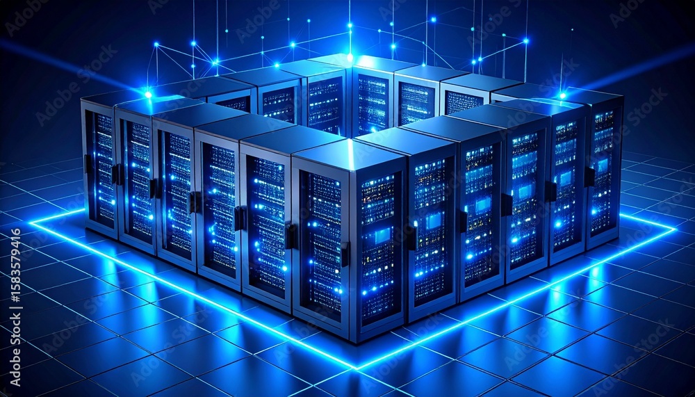 Poster illuminated server room with futuristic design and glowing lights