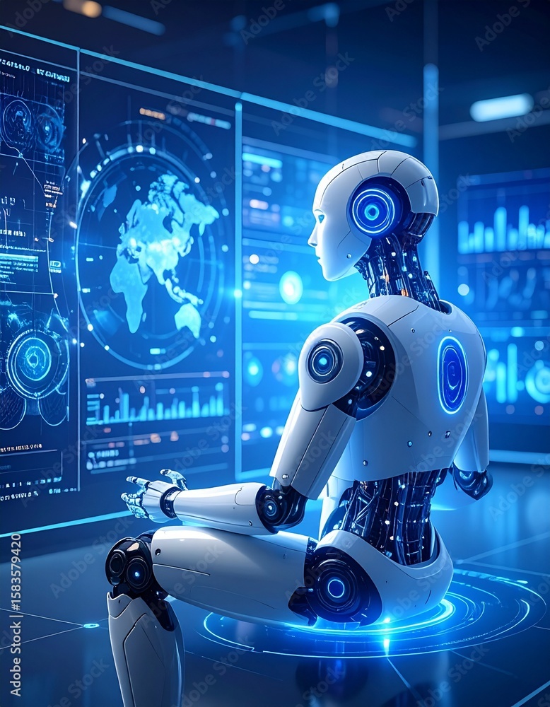 Aufkleber humanoid robot interacting with holographic data displays in a lab