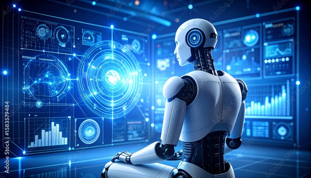 Aufkleber futuristic robot interacting with digital data and advanced technology