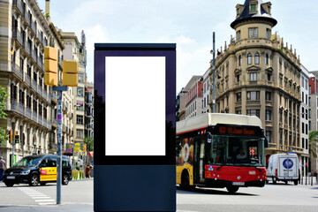 bus shelter with blank ad panel. billboard display. empty white lightbox sign at old  street corner. billboard mockup. glass structure.. urban street traffic setting with red bus. outdoor advertising