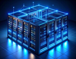 Futuristic data center featuring glowing blue lines and servers in har