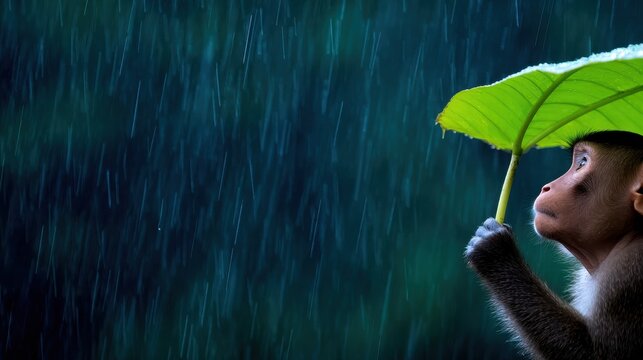 Young monkey holding a large leaf as an umbrella in heavy rain, creating a serene atmosphere