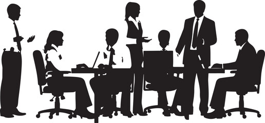 A vector illustration of business professionals holding a meeting and working on laptops in an office