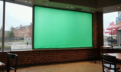 Interior with Green Screen and Building View Rainy Day