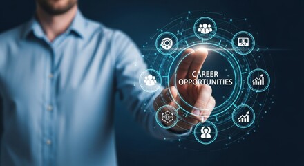 Person interacting with digital career opportunities interface technology