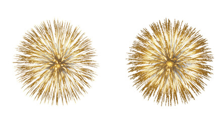 Two large, spherical golden fireworks bursts with intricate branching patterns, luminous particles, isolated on transparent background, no shadows, concept of explosive energy and intricate beauty.