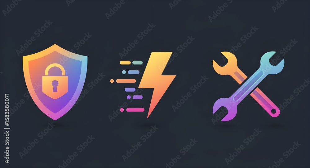 Poster security shield with lock, fast lightning bolt, and crossed wrenches | colorful icon set for data pr