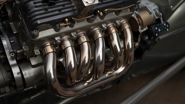 Gleaming chrome exhaust headers showcase the powerful engine of a classic hot rod vehicle, a symbol of automotive engineering and craftsmanship.