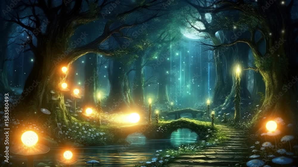 Poster enchanted forest scene with glowing lights and mushrooms. captured from a low angle, creating a magi