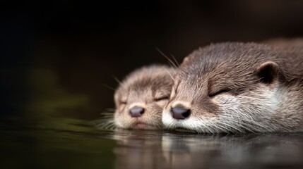 Fototapeta premium Two otters peacefully resting side by side on a serene water surface, surrounded by nature