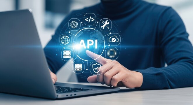 Person interacting with digital interface showing A P I and technology icons data - Powered by Adobe