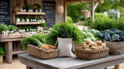 Baskets filled with vibrant vegetables are showcased on a wooden table at a farm stand surrounded by organic produce and a barn